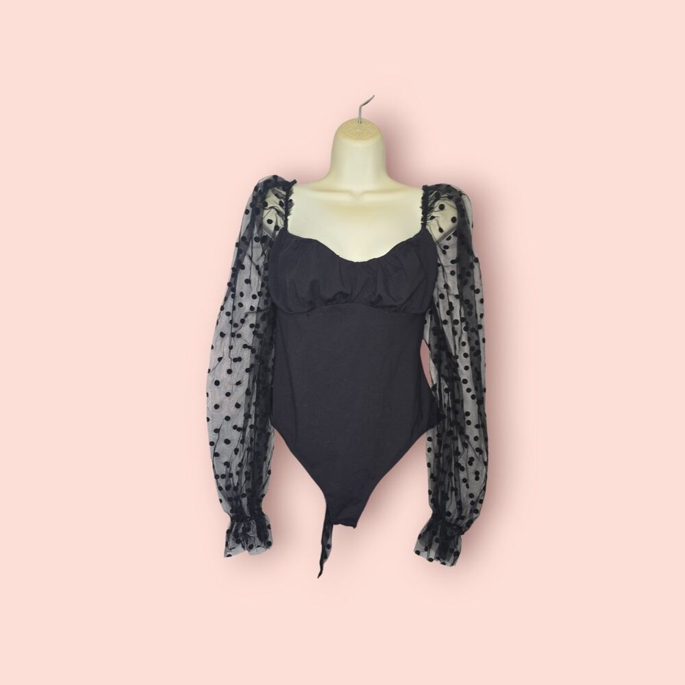 Free People Molly at Midnight Bodysuit Black Sheer Polka Dot Sleeve Tie Back L